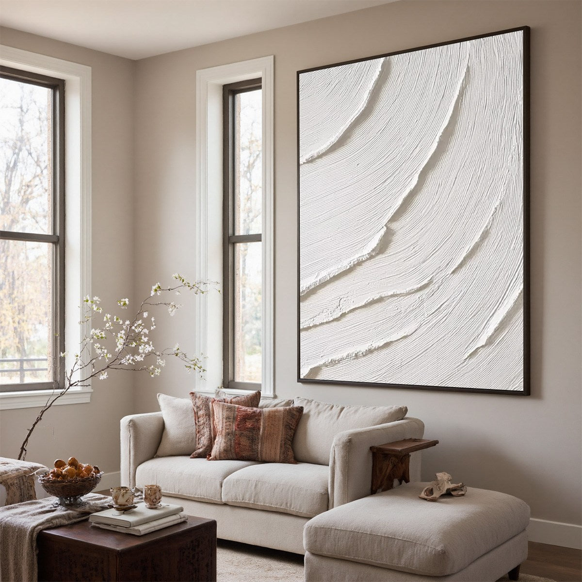 Whispering Waves hand-painted white and soft beige textured ocean wave painting shown with wood frame
