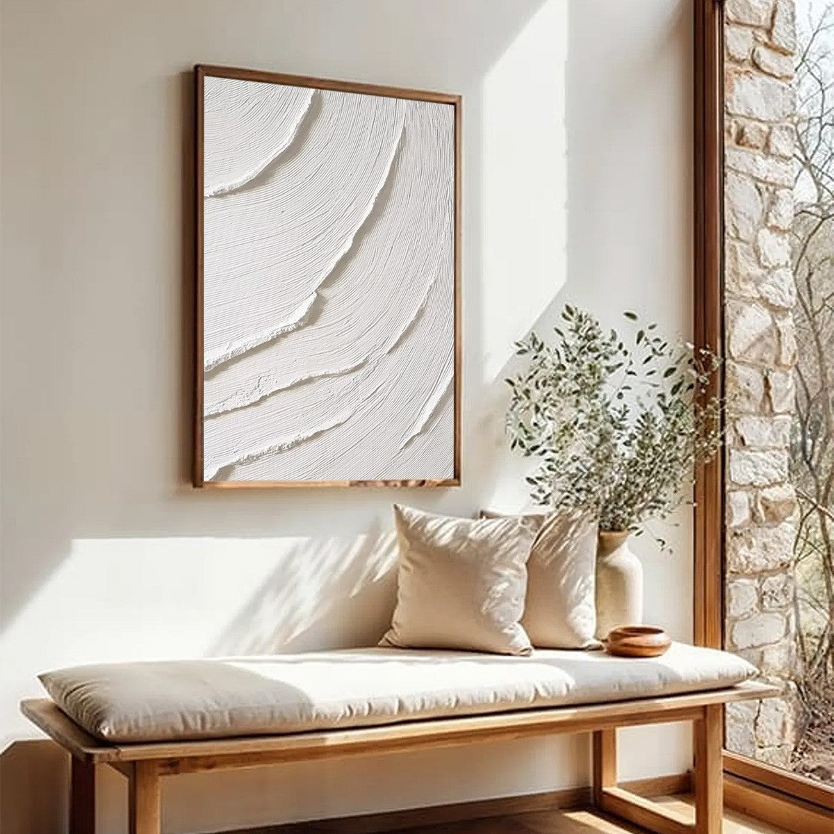 Whispering Waves hand-painted white and soft beige textured ocean wave painting rolled canvas option