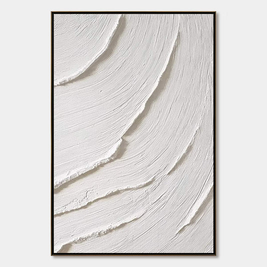 Whispering Waves hand-painted white and soft beige textured ocean wave painting rolled canvas option