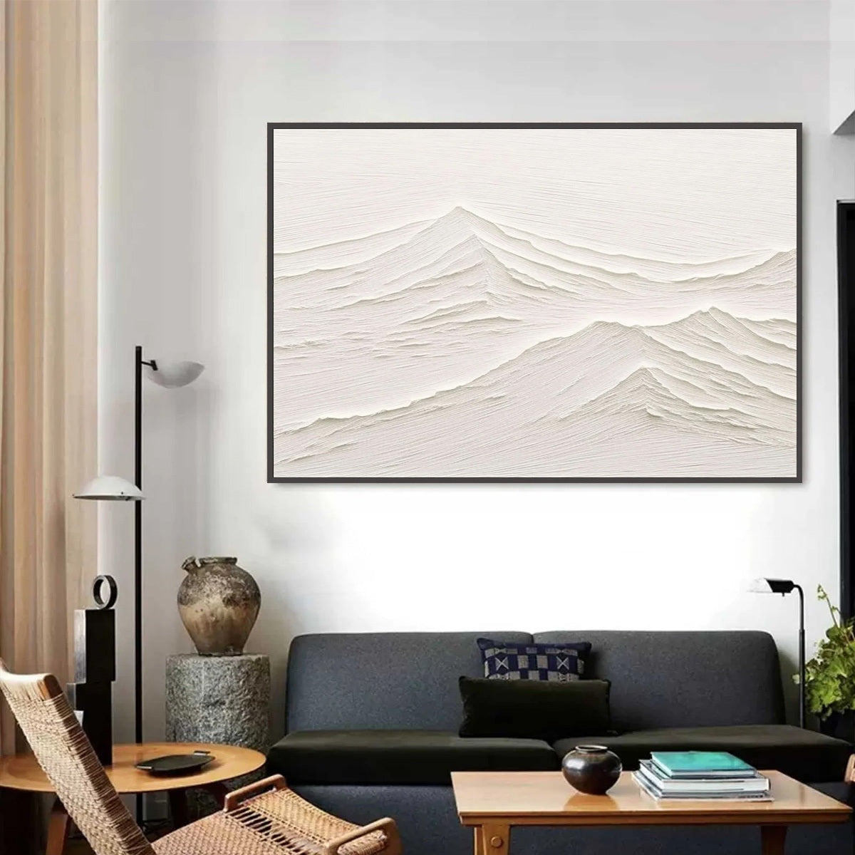 Whispering Peaks hand-painted white and beige textured coastal landscape painting shown with silver frame