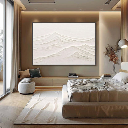 Whispering Peaks hand-painted white and beige textured coastal landscape painting shown with white frame