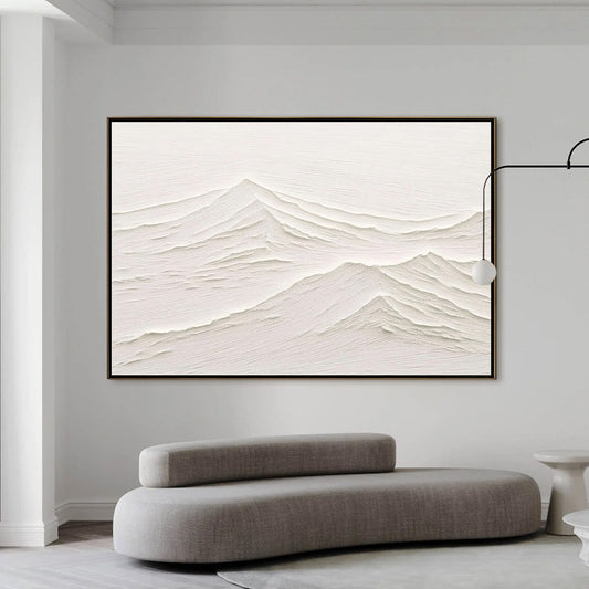 Whispering Peaks hand-painted white and beige textured coastal landscape painting shown with gold frame