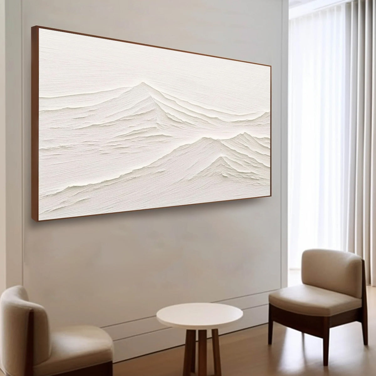 Whispering Peaks hand-painted white and beige textured coastal landscape painting shown with black frame