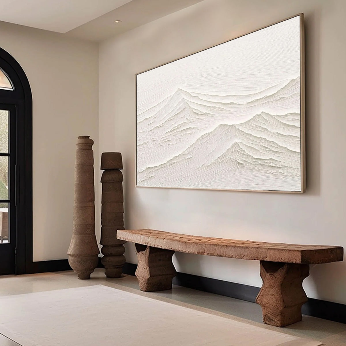 Whispering Peaks hand-painted white and beige textured coastal landscape painting shown with wood frame