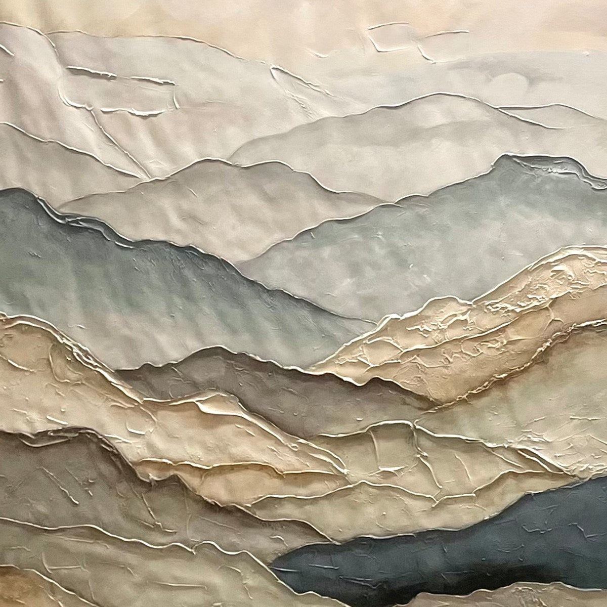 Whispering Ridges hand-painted slate blue, ivory and soft grey textured abstract mountain painting shown with wood frame