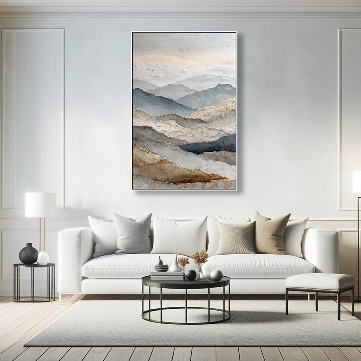 Whispering Ridges hand-painted slate blue, ivory and soft grey textured abstract mountain painting shown as stretched canvas