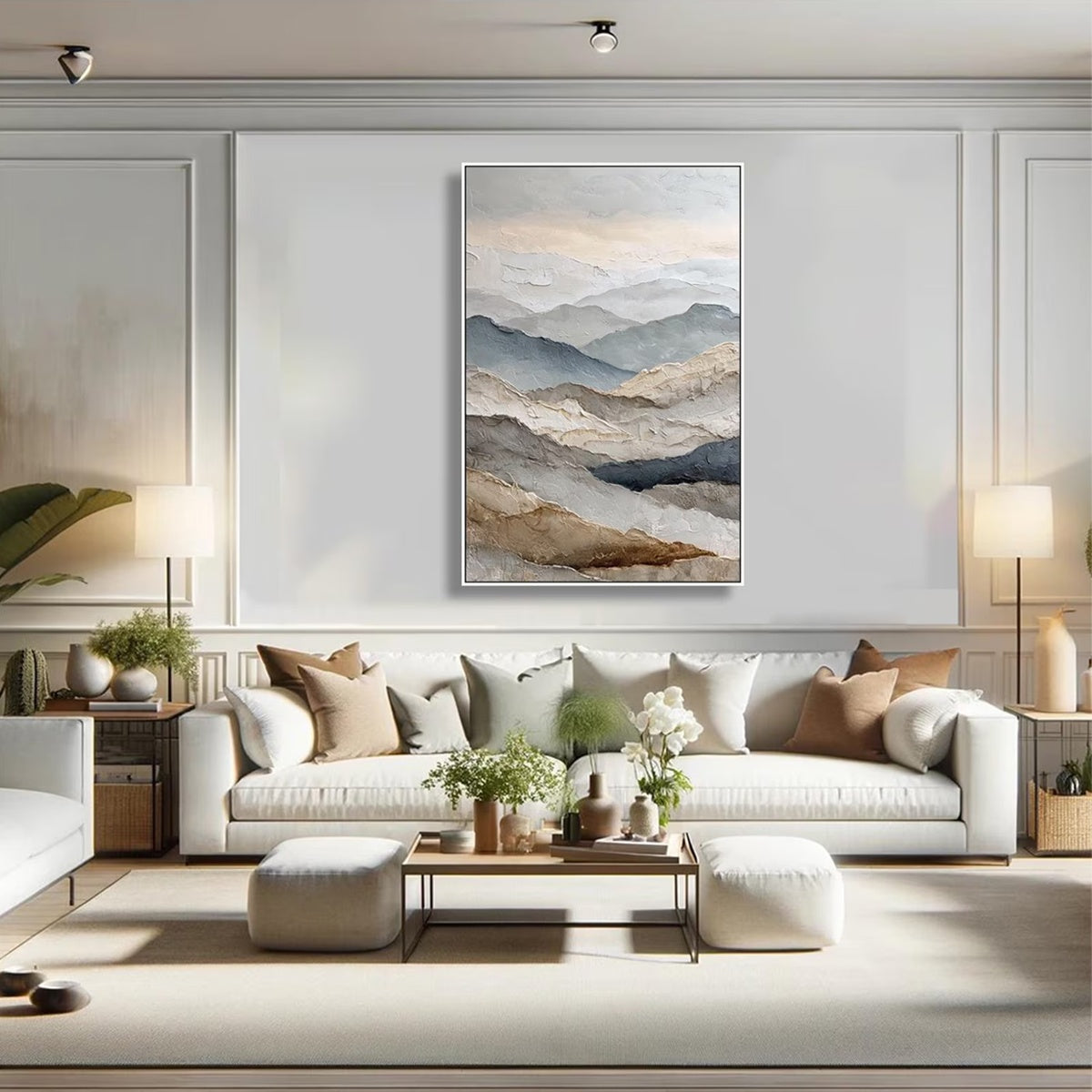 Whispering Ridges hand-painted slate blue, ivory and soft grey textured abstract mountain painting shown with gold frame