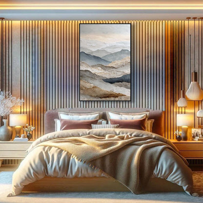 Whispering Ridges hand-painted slate blue, ivory and soft grey textured abstract mountain painting shown with silver frame