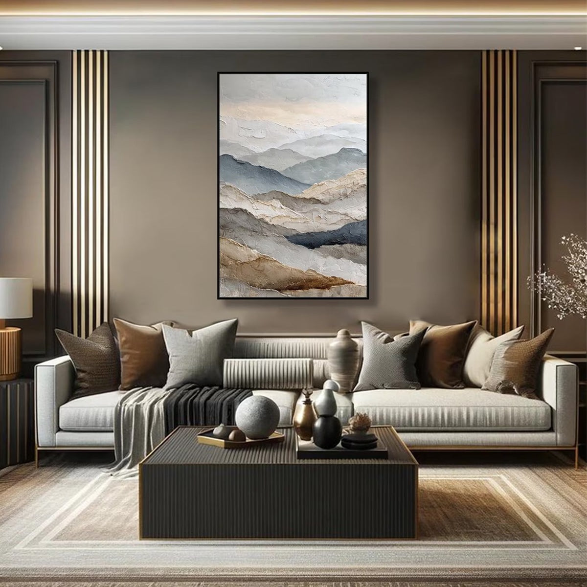 Whispering Ridges hand-painted slate blue, ivory and soft grey textured abstract mountain painting shown with white frame