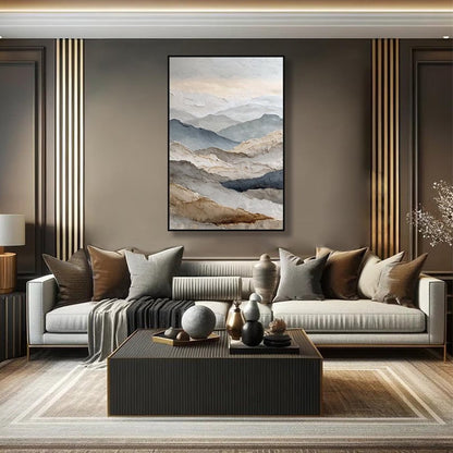 Whispering Ridges hand-painted slate blue, ivory and soft grey textured abstract mountain painting shown with white frame