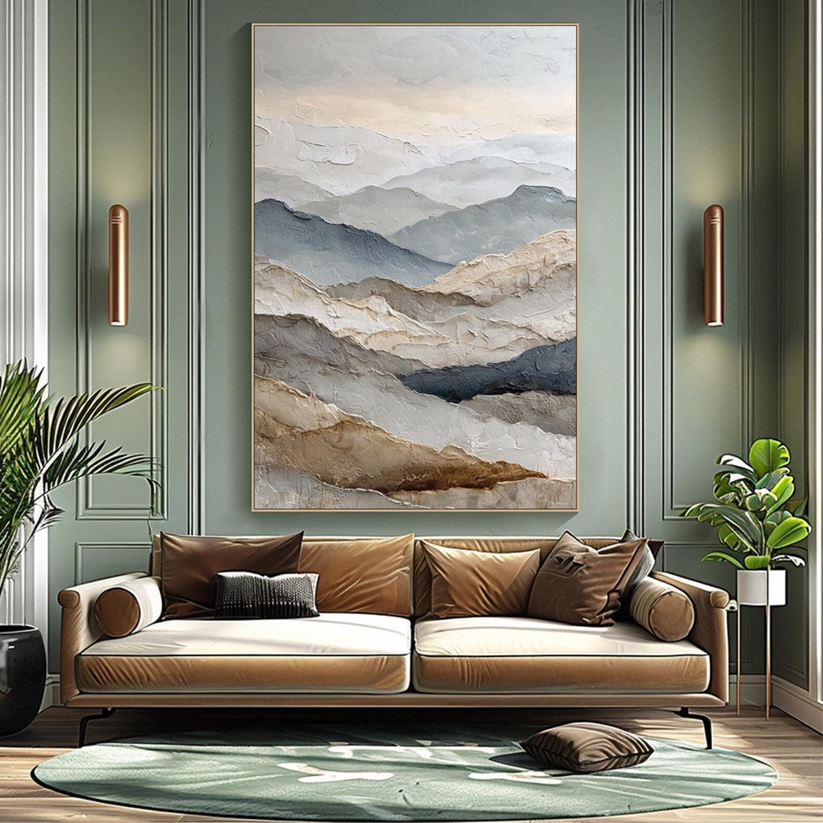 Whispering Ridges hand-painted slate blue, ivory and soft grey textured abstract mountain painting shown with black frame