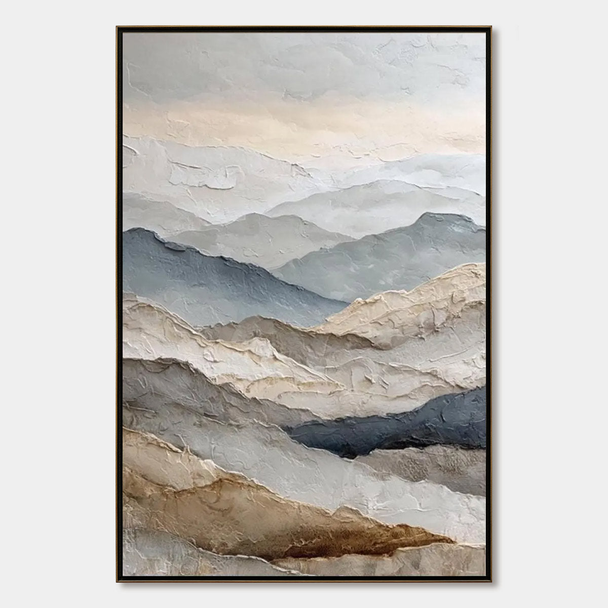 Whispering Ridges hand-painted slate blue, ivory and soft grey textured abstract mountain painting rolled canvas option