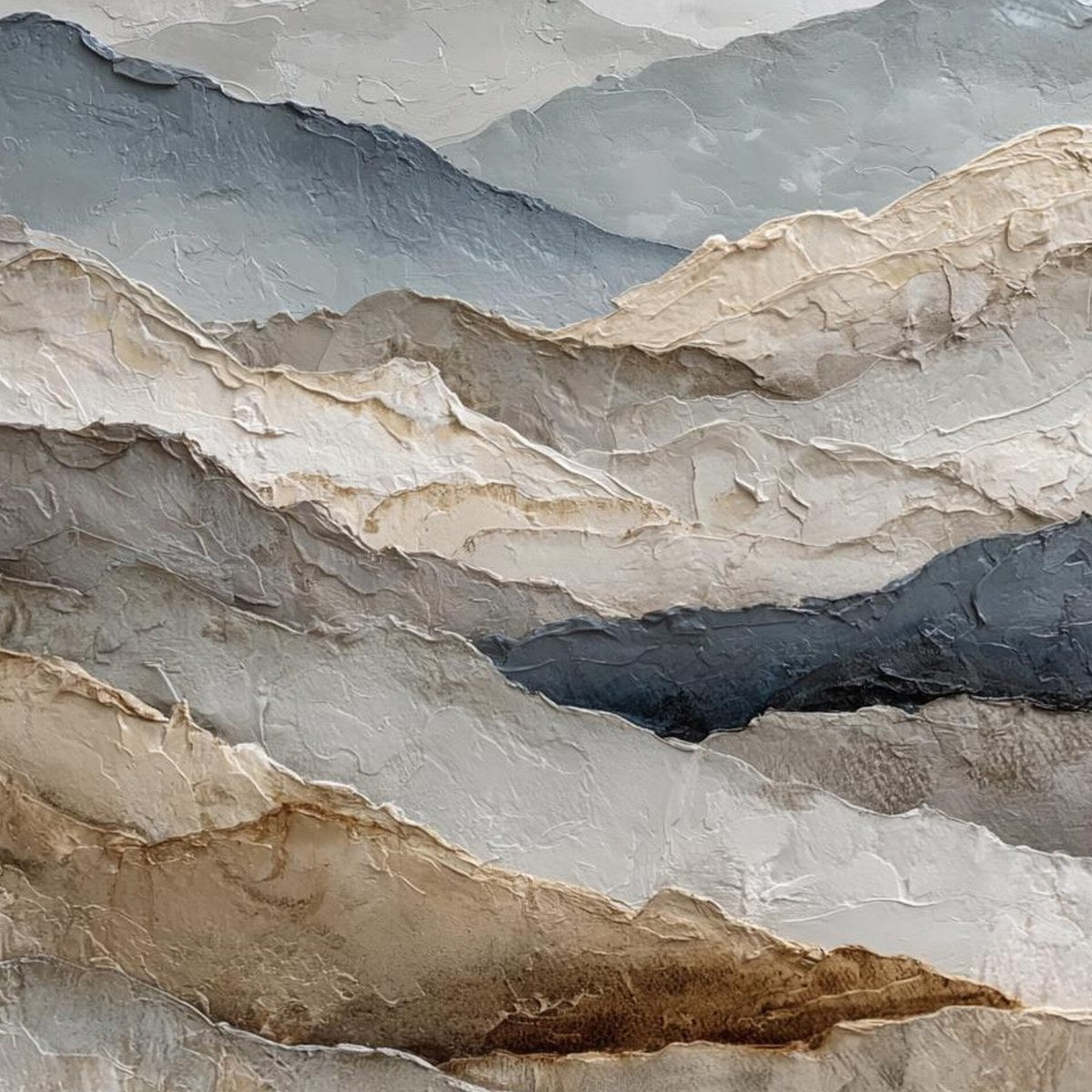 Whispering Ridges hand-painted slate blue, ivory and soft grey textured abstract mountain painting shown with white frame