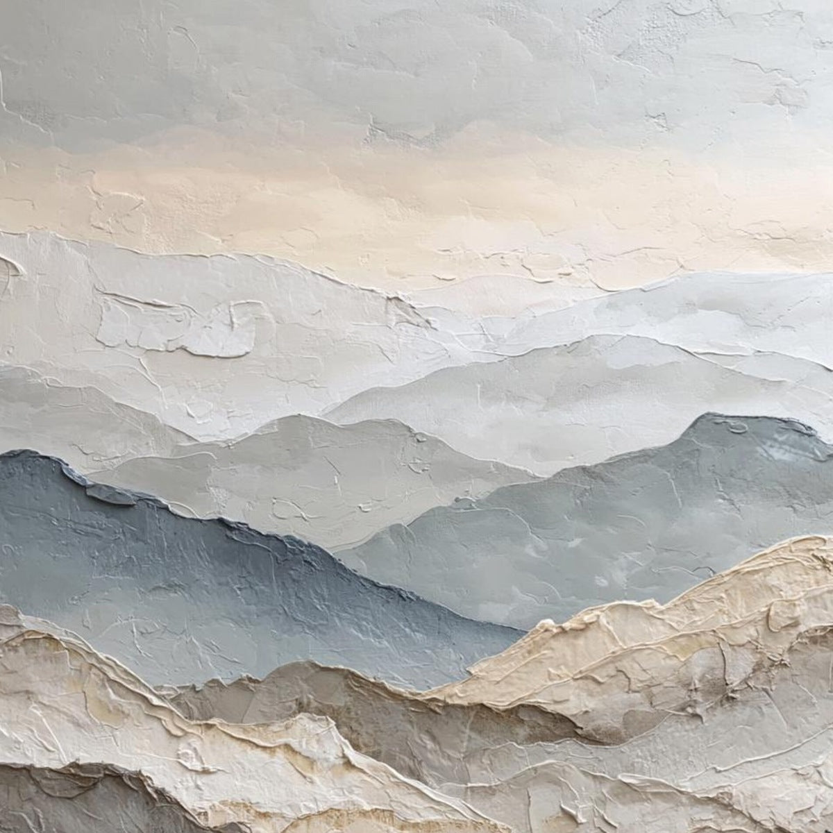 Whispering Ridges hand-painted slate blue, ivory and soft grey textured abstract mountain painting rolled canvas option