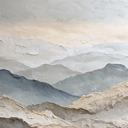 Whispering Ridges hand-painted slate blue, ivory and soft grey textured abstract mountain painting rolled canvas option