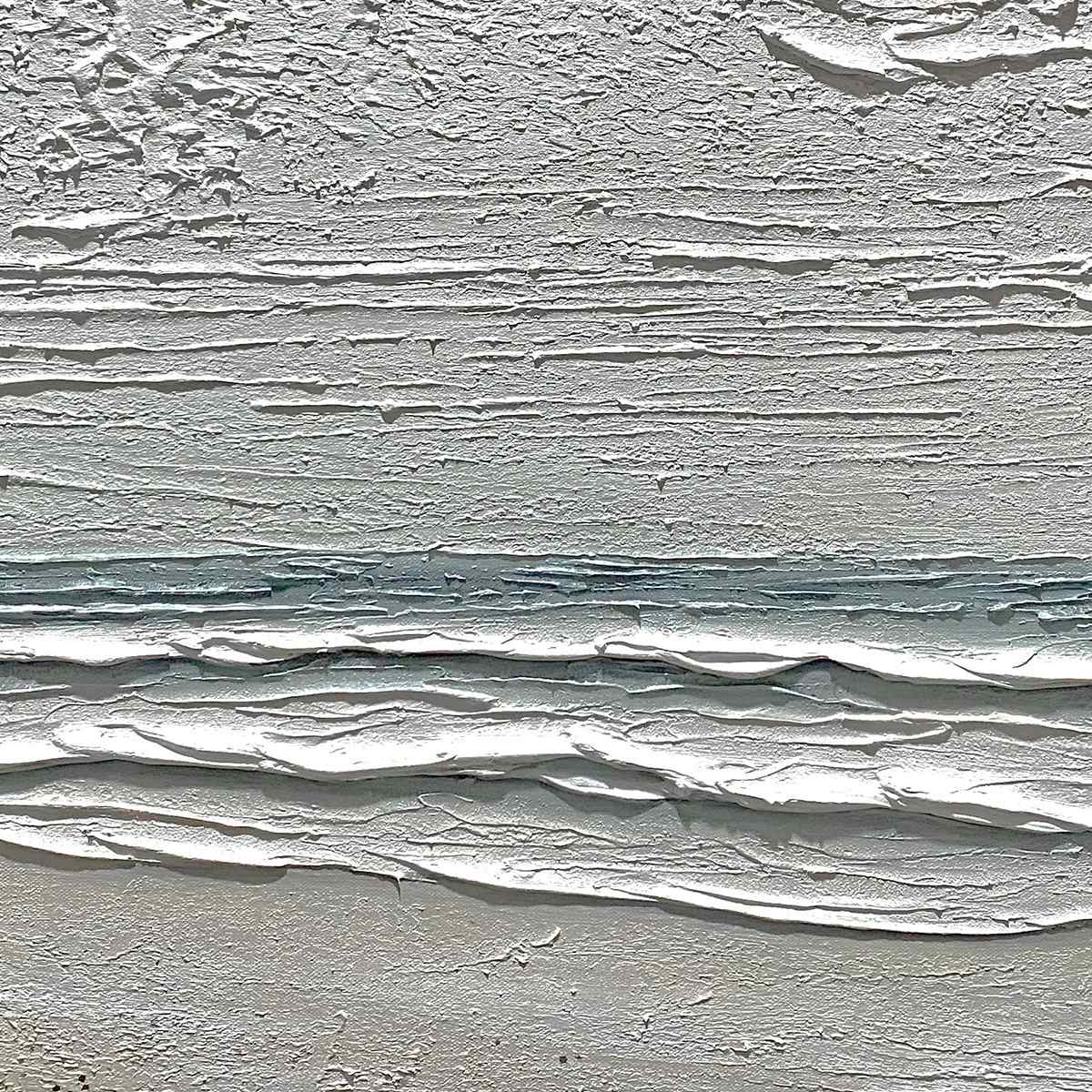Whispering Tide hand-painted sand, soft grey and ocean blue textured beach scene painting rolled canvas option