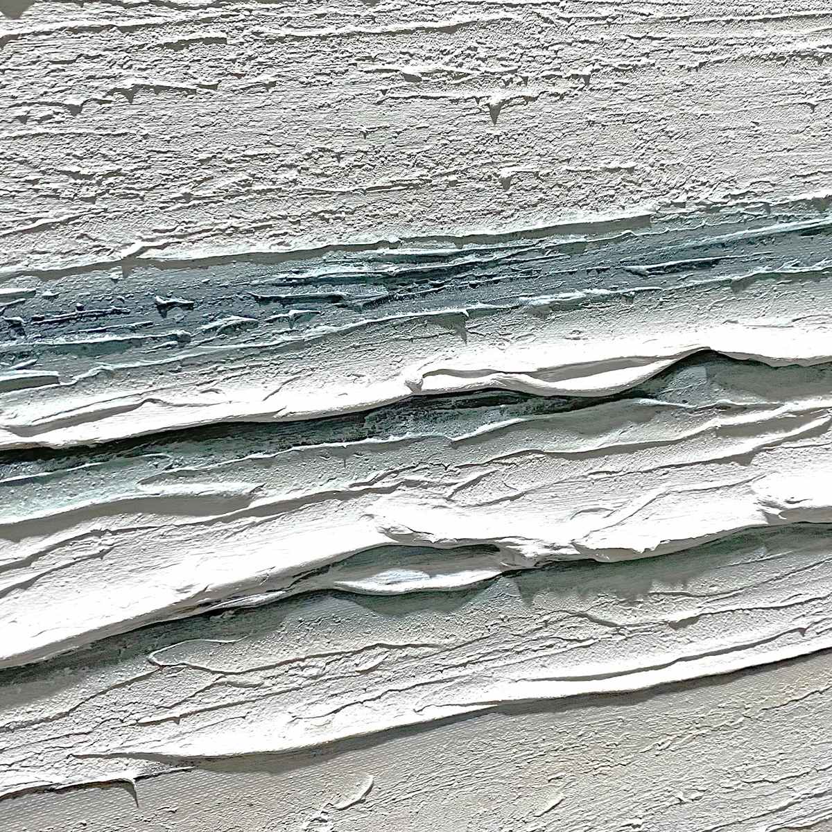 Whispering Tide hand-painted sand, soft grey and ocean blue textured beach scene painting shown with silver frame
