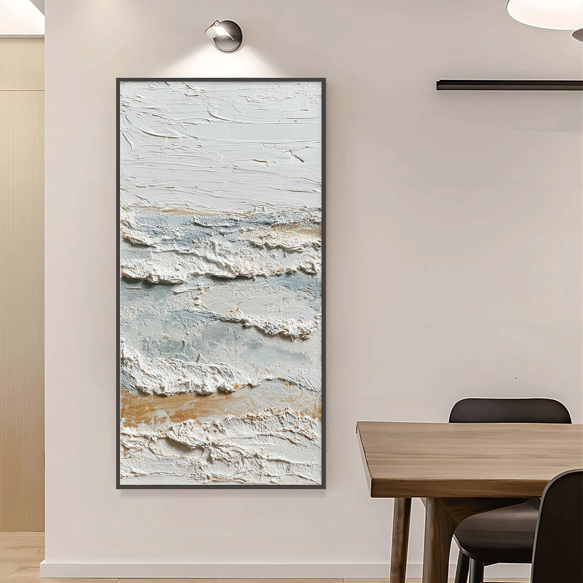 Whispering Tides hand-painted white, beige and ocean blue textured coastal abstract painting shown with silver frame