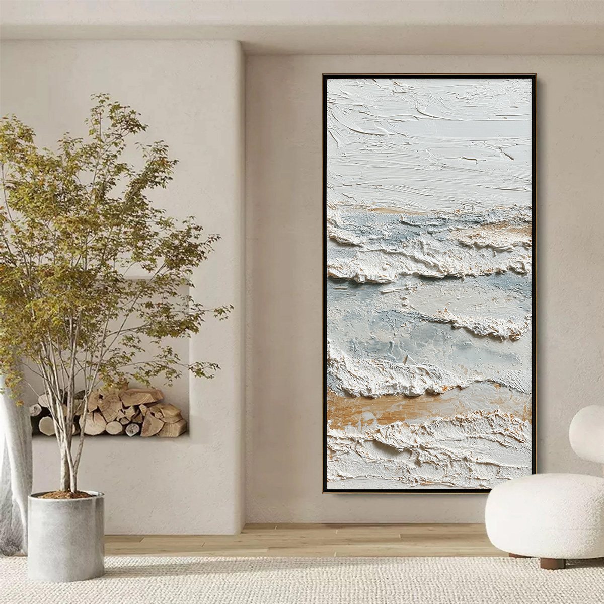 Whispering Tides hand-painted white, beige and ocean blue textured coastal abstract painting shown with black frame