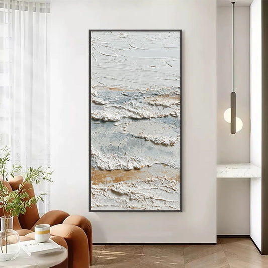 Whispering Tides hand-painted white, beige and ocean blue textured coastal abstract painting shown as stretched canvas