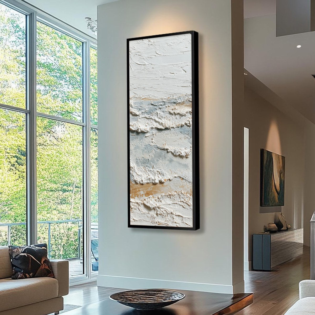 Whispering Tides hand-painted white, beige and ocean blue textured coastal abstract painting shown with wood frame