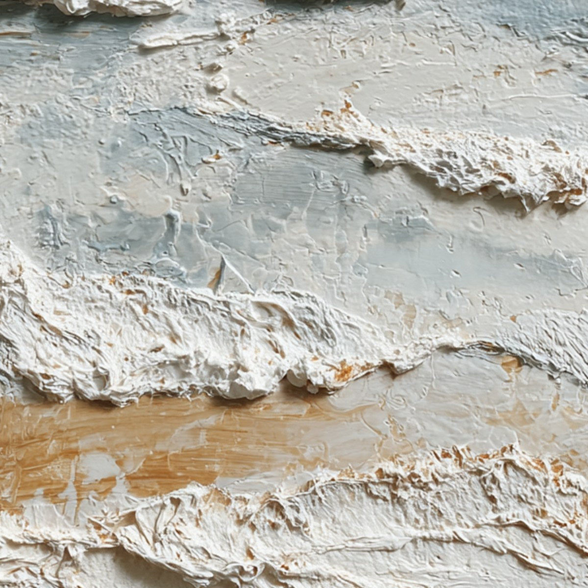 Whispering Tides hand-painted white, beige and ocean blue textured coastal abstract painting shown with gold frame