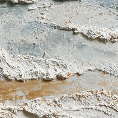 Whispering Tides hand-painted white, beige and ocean blue textured coastal abstract painting shown with gold frame