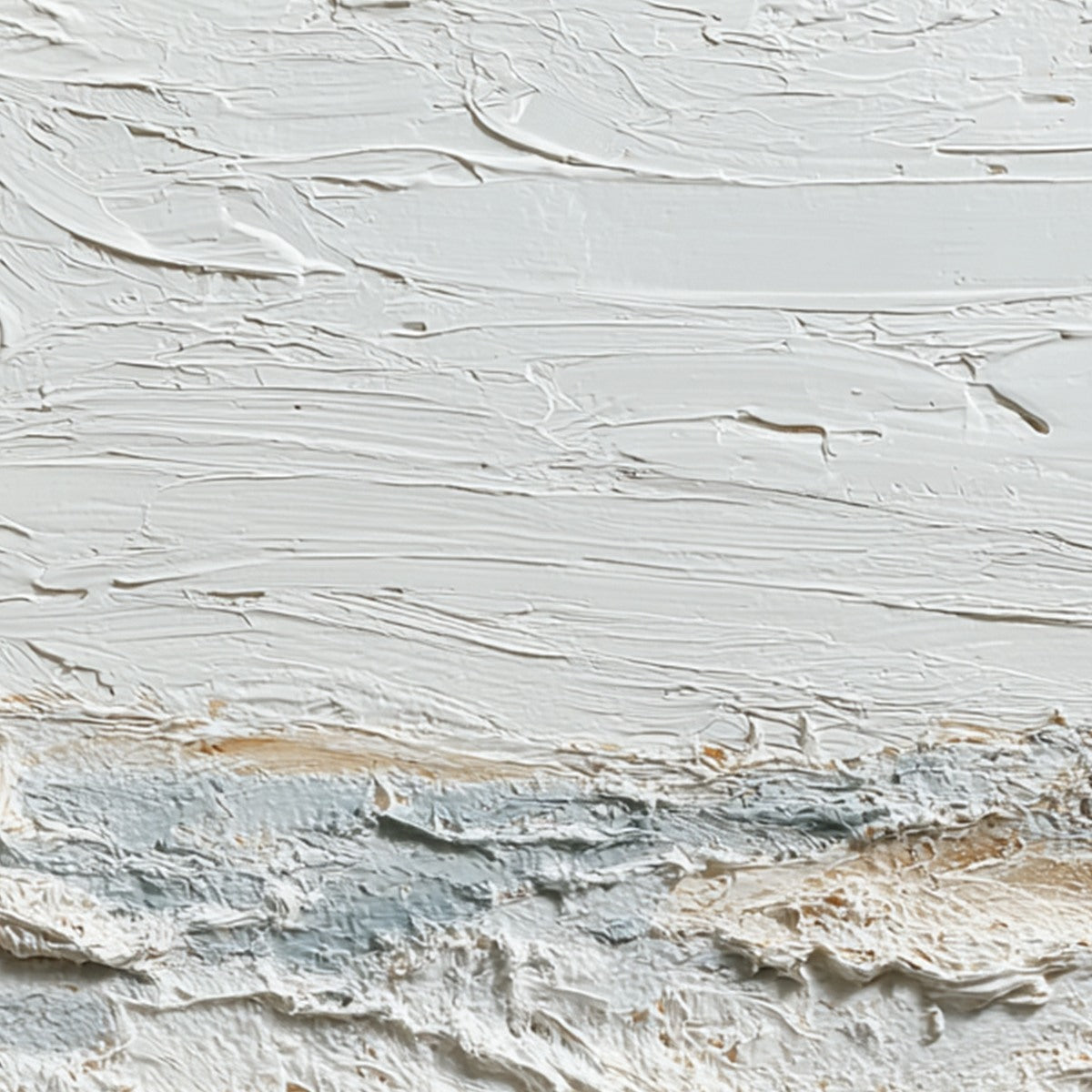 Whispering Tides hand-painted white, beige and ocean blue textured coastal abstract painting shown with white frame