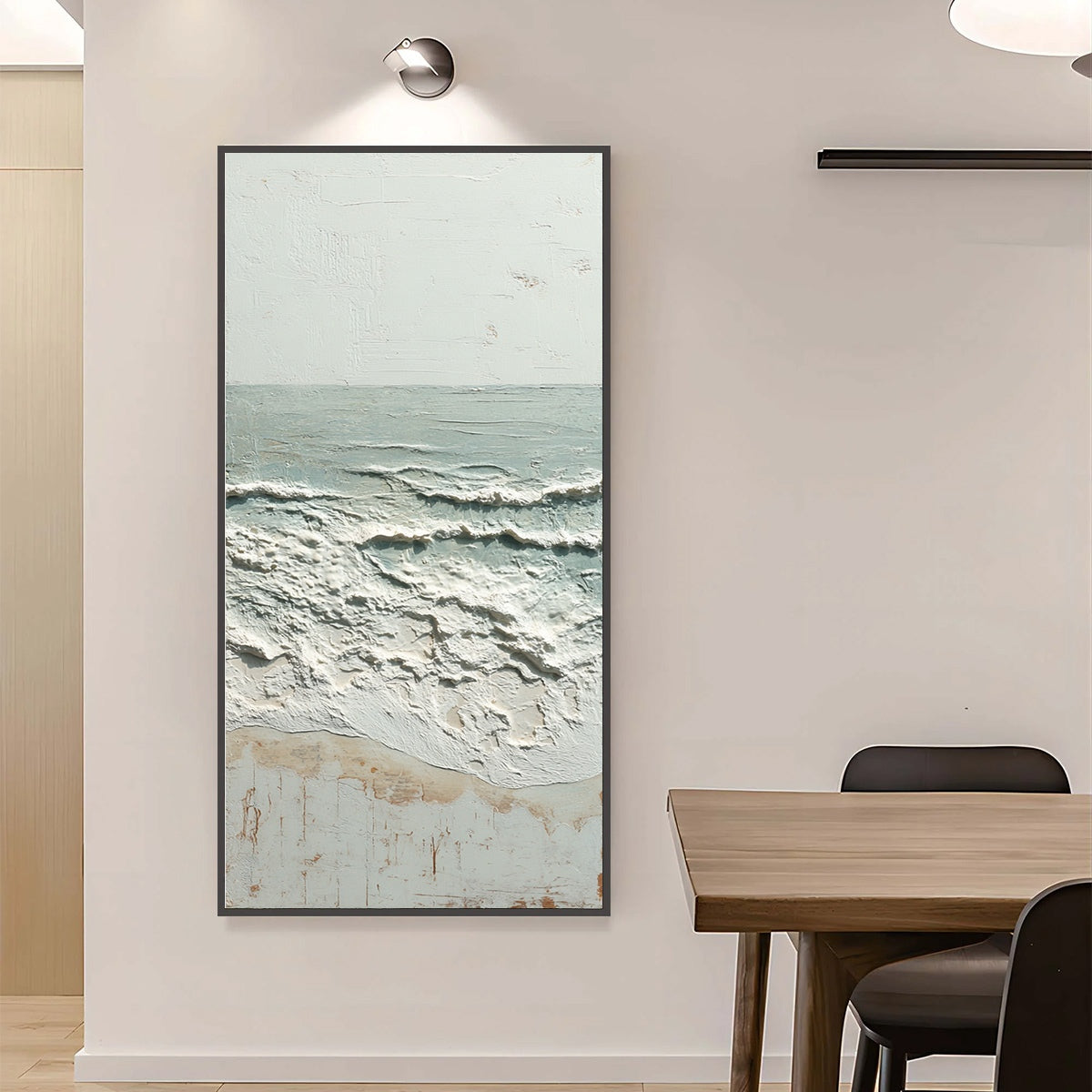 Whispering Tide hand-painted beige and ivory textured ocean wave painting shown with silver frame