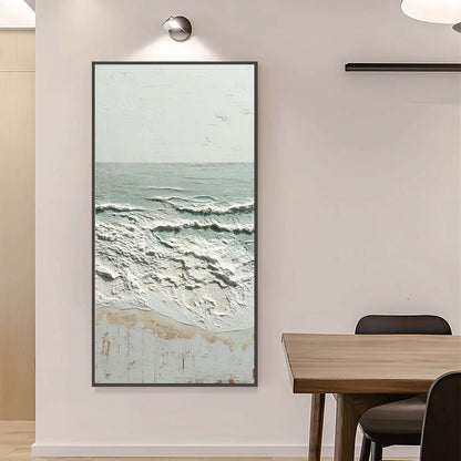 Whispering Tide hand-painted beige and ivory textured ocean wave painting shown with silver frame