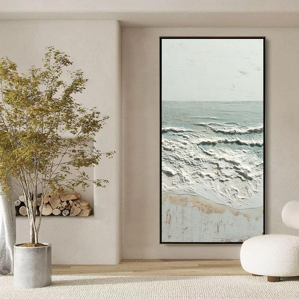Whispering Tide hand-painted beige and ivory textured ocean wave painting shown with black frame