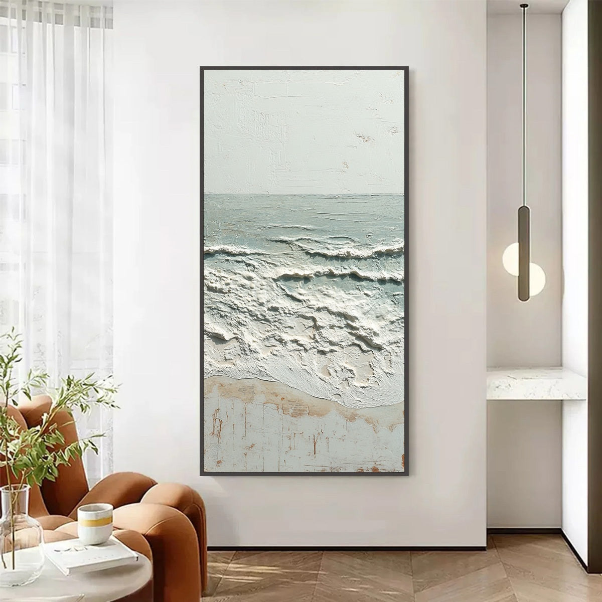 Whispering Tide hand-painted beige and ivory textured ocean wave painting shown as stretched canvas