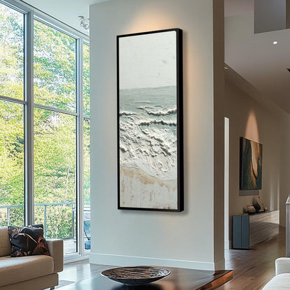 Whispering Tide hand-painted beige and ivory textured ocean wave painting shown with wood frame