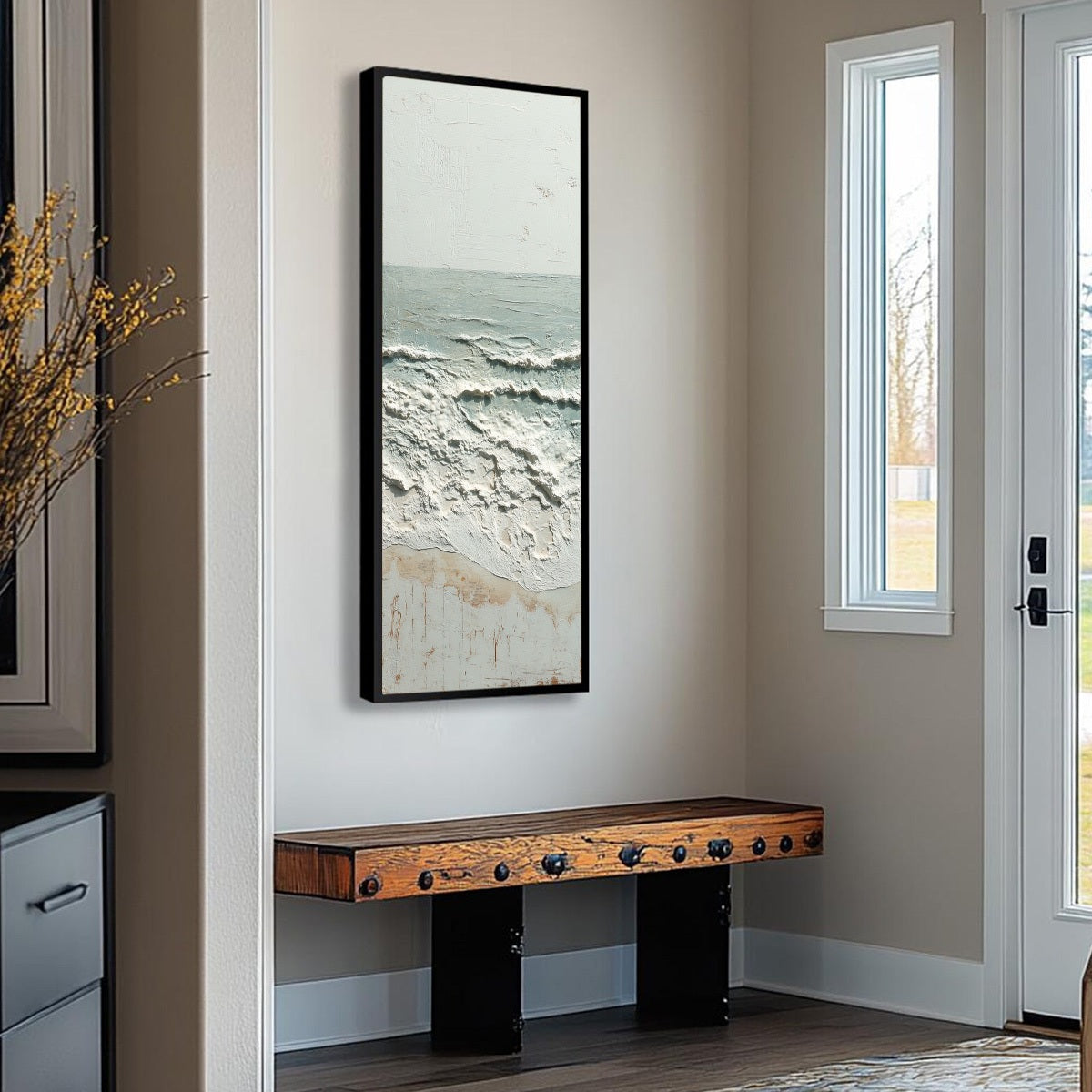 Whispering Tide hand-painted beige and ivory textured ocean wave painting rolled canvas option