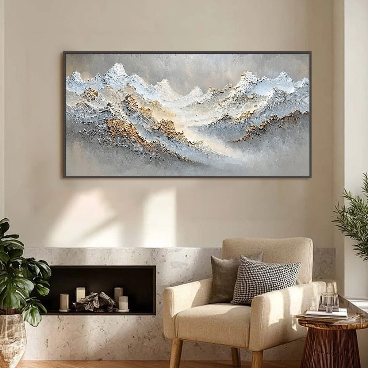 Whispers of the Peak hand-painted white, beige, soft grey and gold textured abstract mountain painting shown as stretched canvas