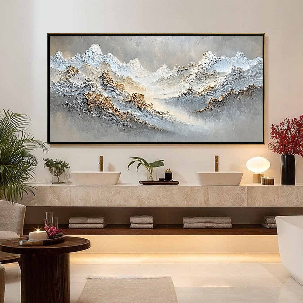 Whispers of the Peak hand-painted white, beige, soft grey and gold textured abstract mountain painting shown with silver frame