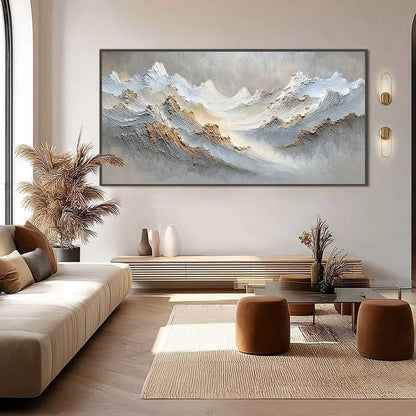 Whispers of the Peak hand-painted white, beige, soft grey and gold textured abstract mountain painting shown with black frame