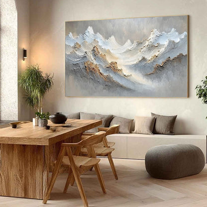 Whispers of the Peak hand-painted white, beige, soft grey and gold textured abstract mountain painting shown with wood frame