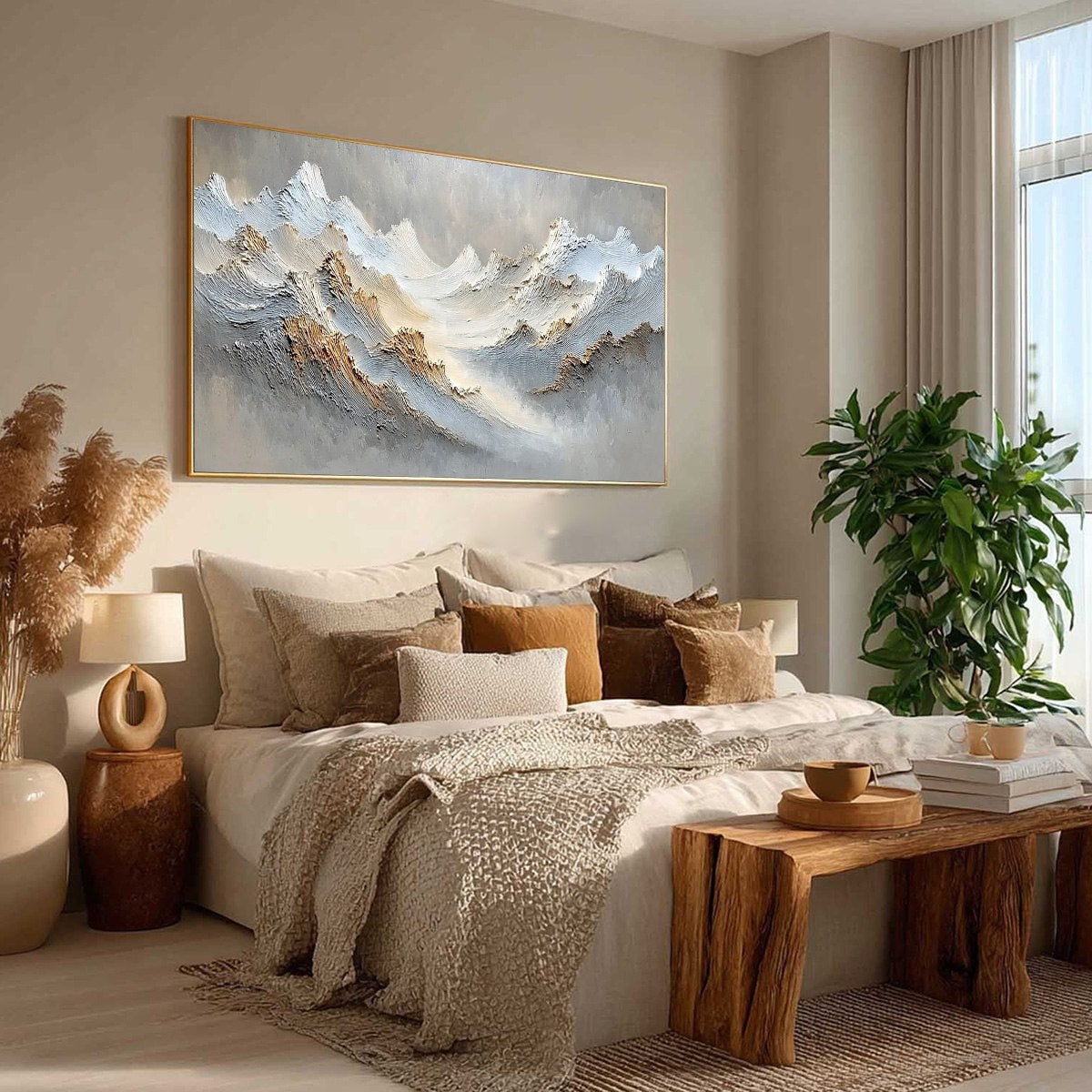 Whispers of the Peak hand-painted white, beige, soft grey and gold textured abstract mountain painting rolled canvas option