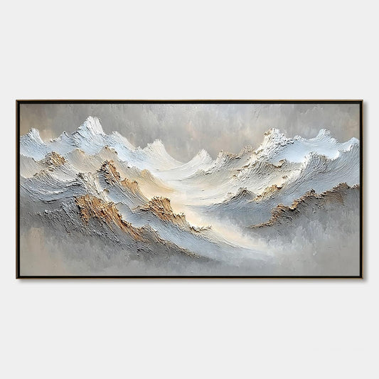 Whispers of the Peak hand-painted white, beige, soft grey and gold textured abstract mountain painting rolled canvas option