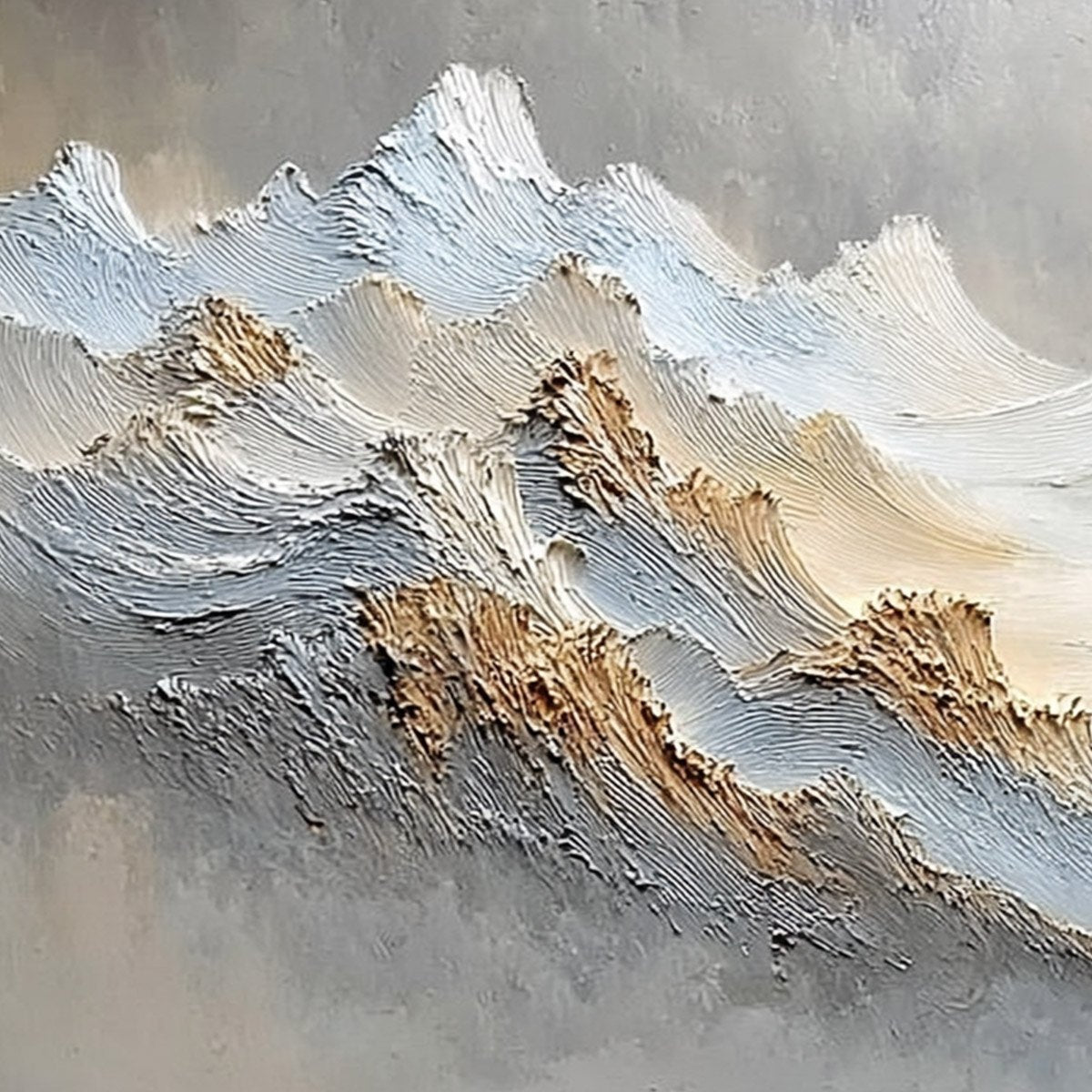 Whispers of the Peak hand-painted white, beige, soft grey and gold textured abstract mountain painting shown with gold frame