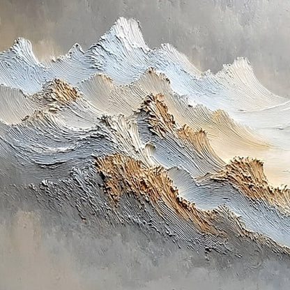Whispers of the Peak hand-painted white, beige, soft grey and gold textured abstract mountain painting shown with gold frame
