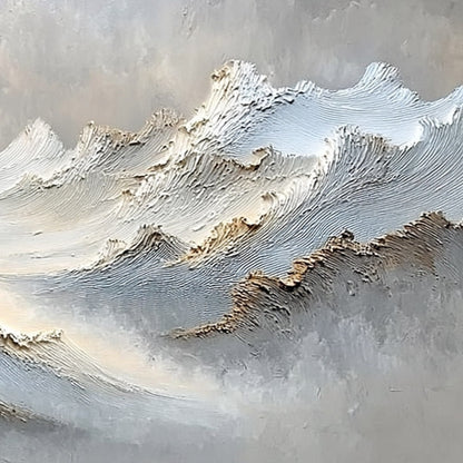 Whispers of the Peak hand-painted white, beige, soft grey and gold textured abstract mountain painting shown with white frame