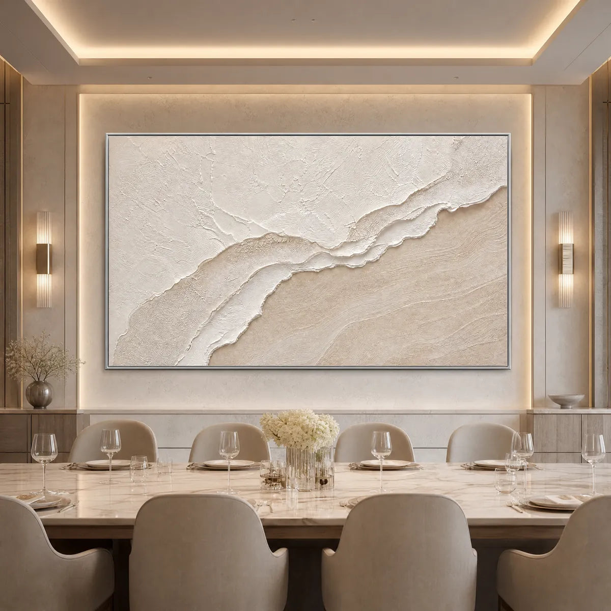 Whispers Of The Tide hand-painted white, beige and sand textured ocean wave painting shown as stretched canvas