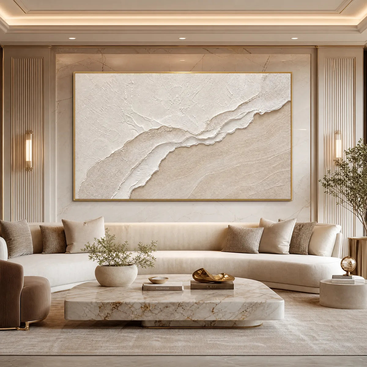 Whispers Of The Tide hand-painted white, beige and sand textured ocean wave painting shown with silver frame