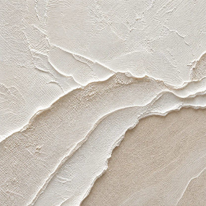 Whispers Of The Tide hand-painted white, beige and sand textured ocean wave painting shown with gold frame