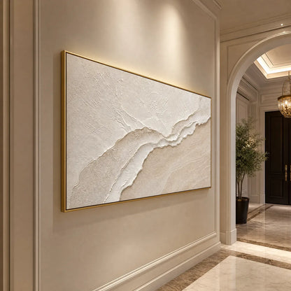 Whispers Of The Tide hand-painted white, beige and sand textured ocean wave painting shown with white frame