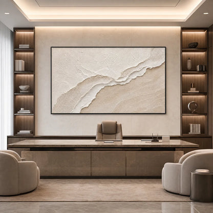 Whispers Of The Tide hand-painted white, beige and sand textured ocean wave painting shown with black frame