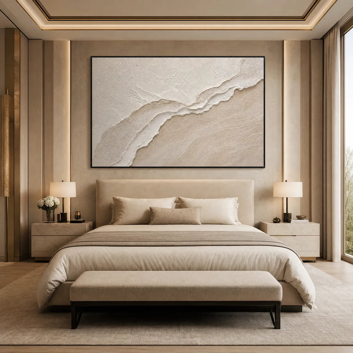 Whispers Of The Tide hand-painted white, beige and sand textured ocean wave painting shown with wood frame