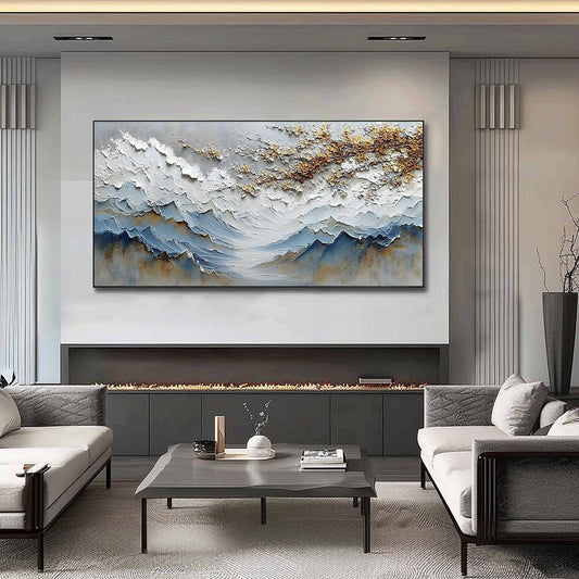Whispers of the Valley hand-painted gold and ivory textured mountain valley painting shown as stretched canvas